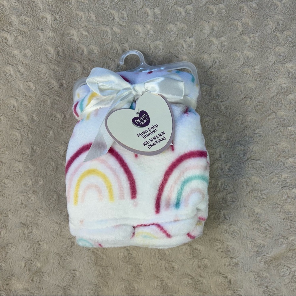 Parent's Choice Rainbow Baby Blanket Plush White Pink Yellow Blue Lovey